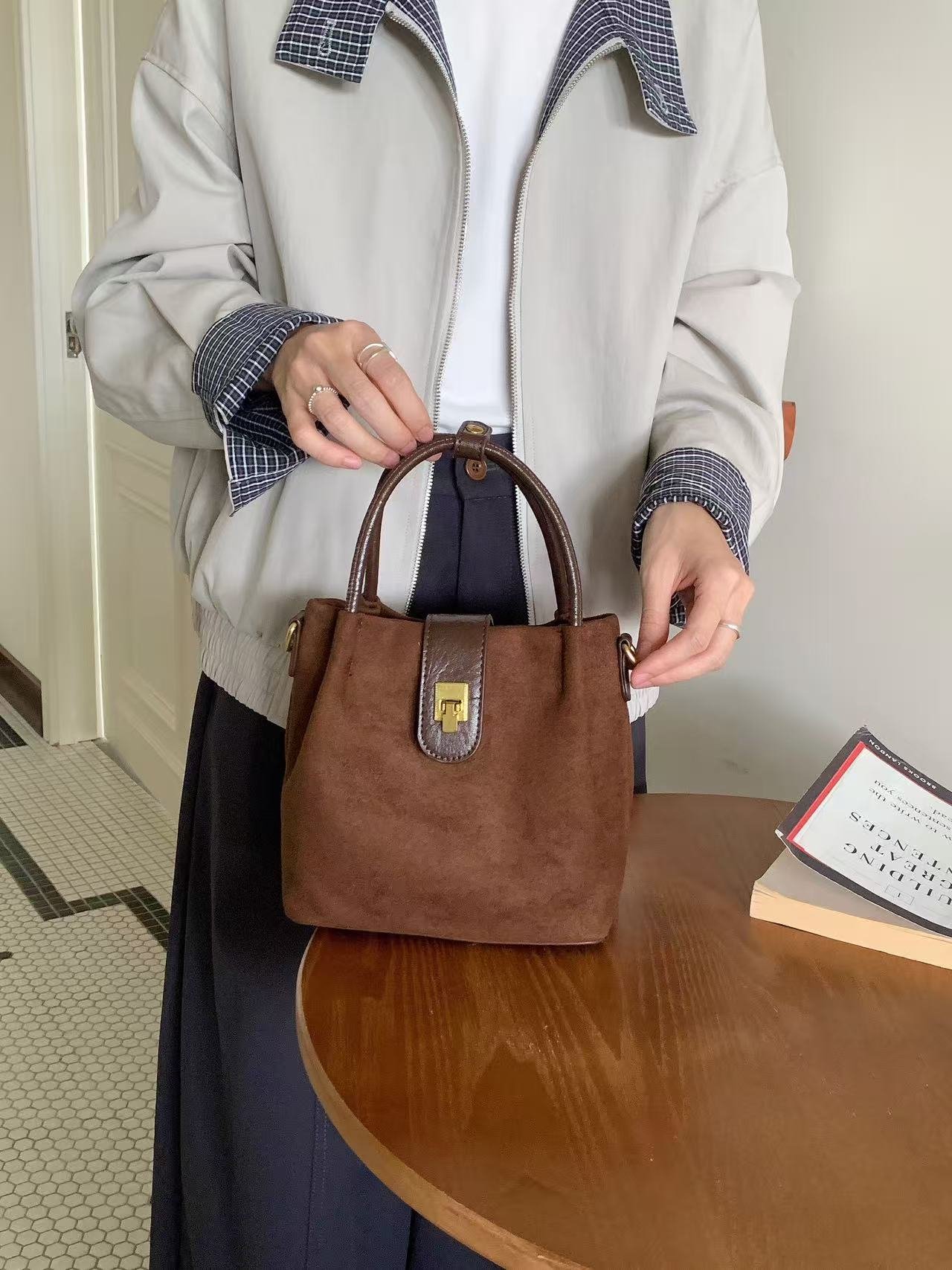 Suede-Like Microfiber Leather Top Handle Crossbody Bag: Chocolate