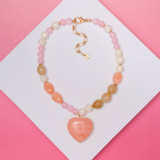 Marble Heart Pendant Pastel Bead Necklace: Pink