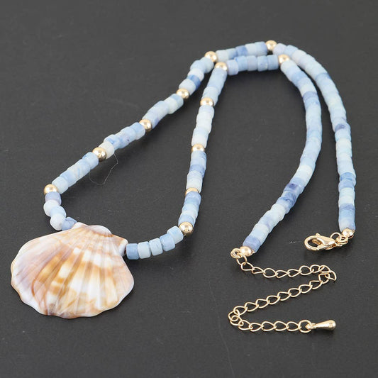 Clam Shell Beaded Necklace: Blue