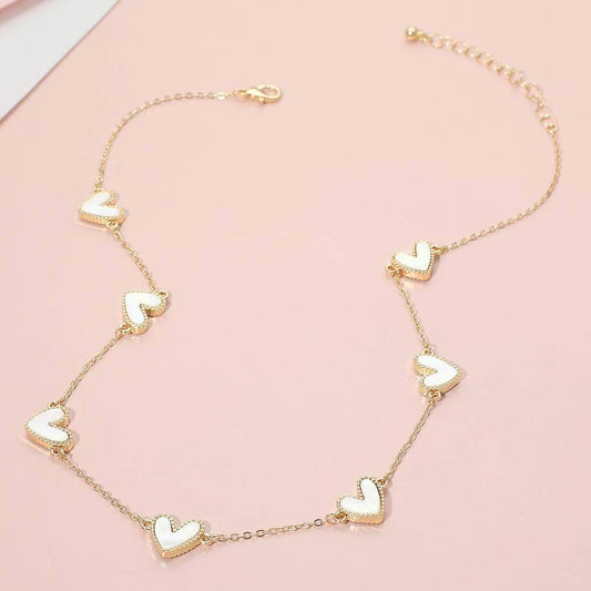 Mother of Pearl Heart Charm Station Necklace: Gold,Ivory