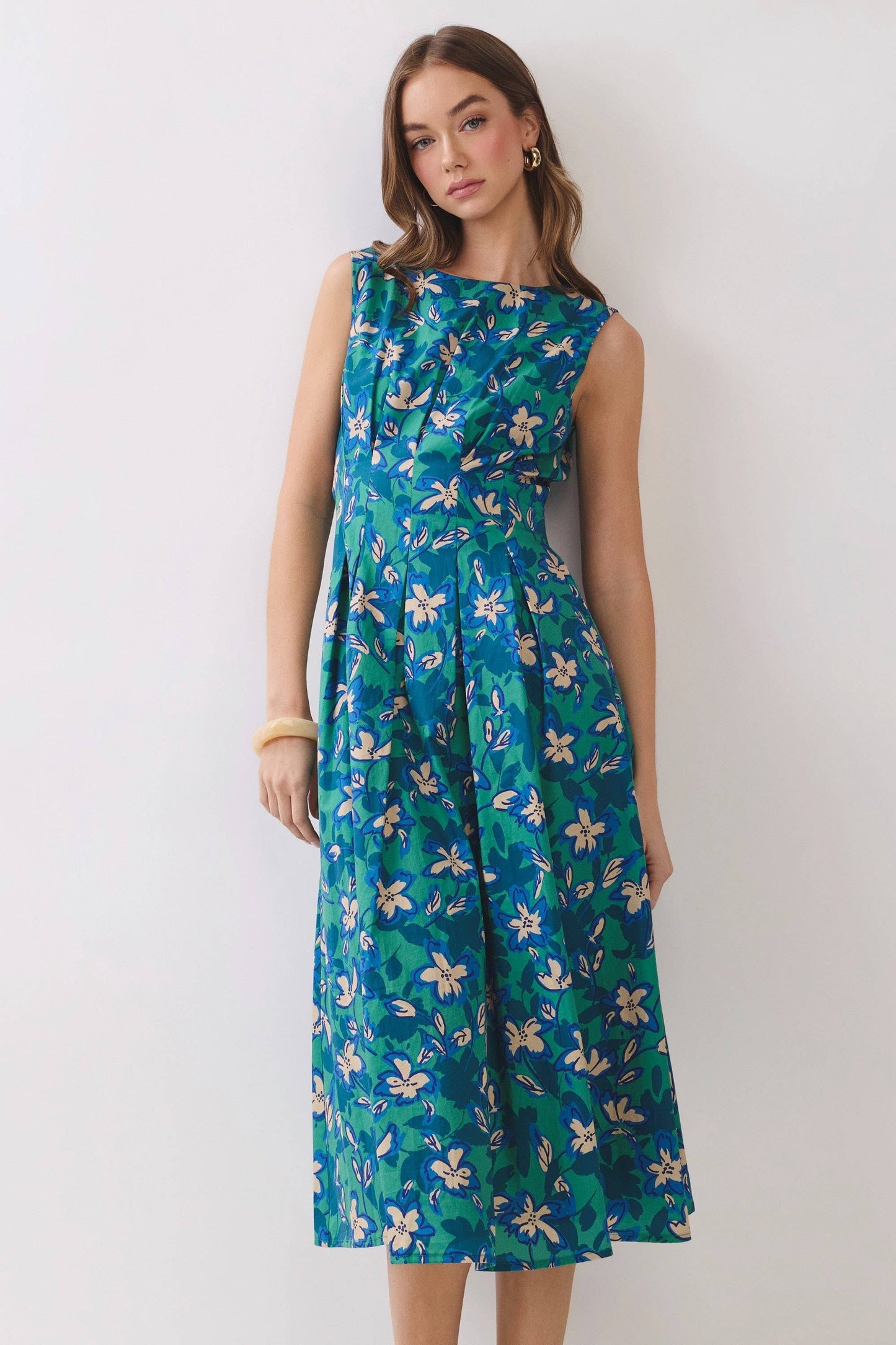 Floral Print Pleated Detail Fit & Flare Midi Dress