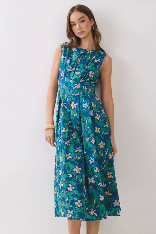 Floral Print Pleated Detail Fit & Flare Midi Dress
