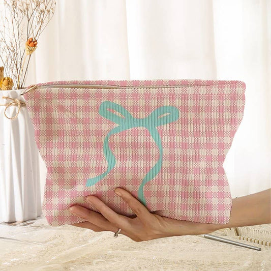 Travel Checker Bow Cosmetic Makeup Pouch Bag | Pink