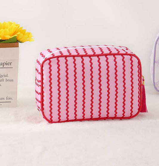 Color-Blocked Striped Cosmetic Bag Tassel Zipper Makeup Bag: Rose_red / M
