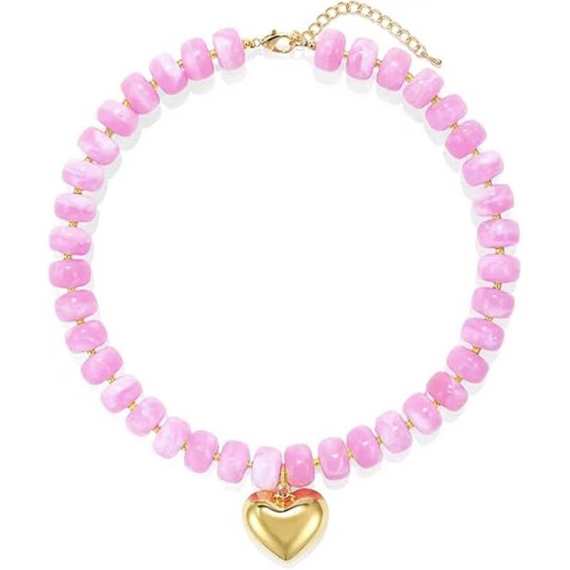 Colorful Resin Bead Necklace with Gold Heart-Shaped Pendant: Color_10 / M