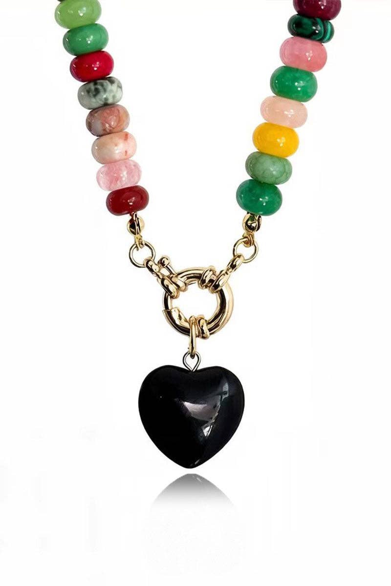 Multi-Strand Beaded Necklace with Heart Charm: BLACK / One Size