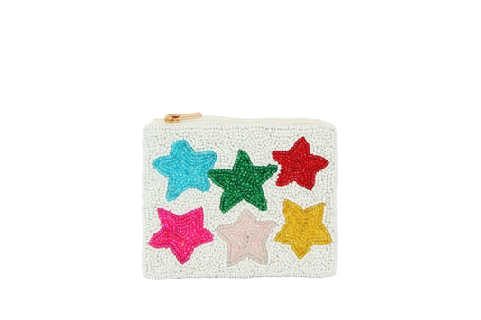 White Fully Beaded  STARS Fashion Coin Purse
