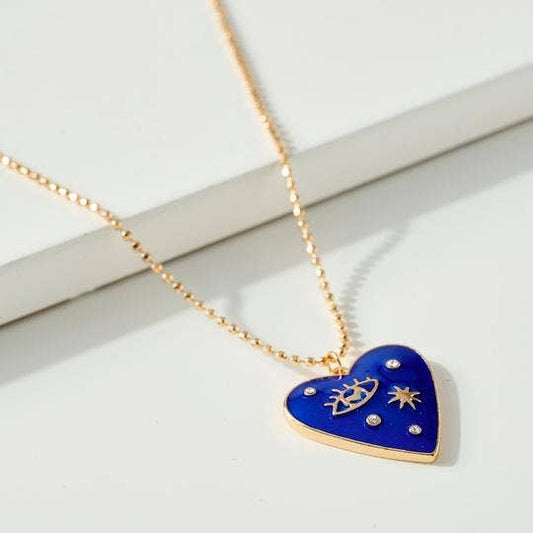 Enamel Heart Evil eye Charm with Cutting Ball Chain Necklace: Blue