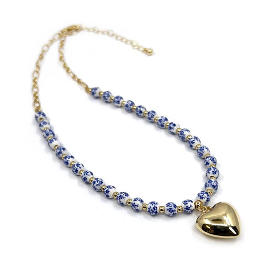 Floral Ceramic Ball Beaded Puffy Metal Heart Necklace: Blue
