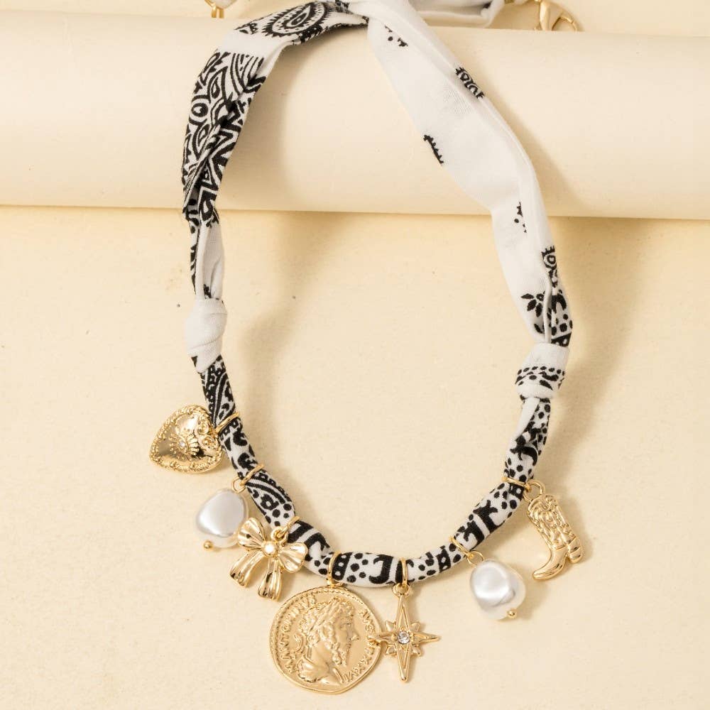 Bow Pearl And Coin Charms Bandana Necklace: WH