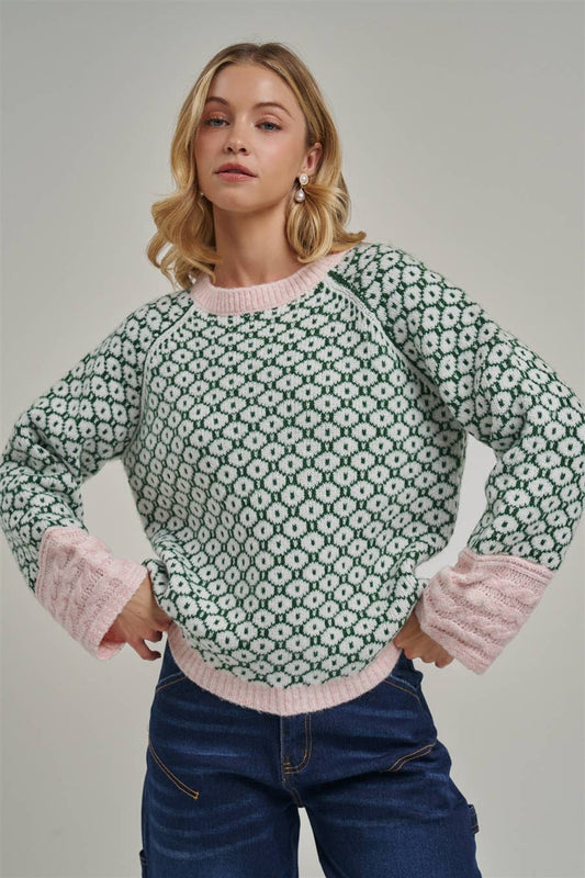 Loose Fit Soft Jacquard Geometric Sweater Top: Green/Blush