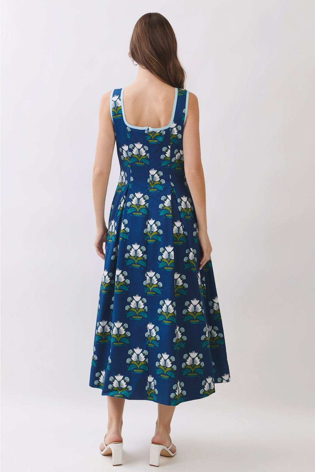 Floral Border Trim Square Neck Midi Dress in Navy