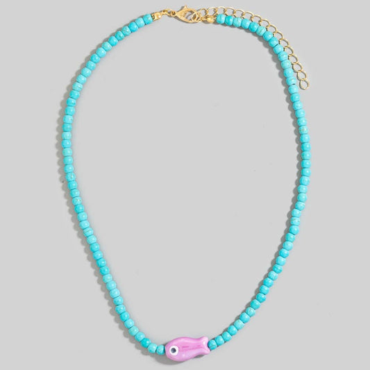 Ceramic Fish Pendant Ball Beaded Necklace: PURPLE