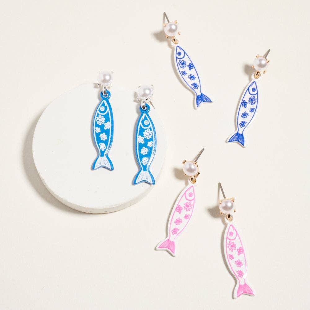 1.5 Inch Sardine Floral Print Pearl Sealife Beach Earrings: Gold/Blue / ONE