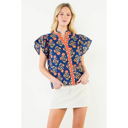 Flutter Sleeve Floral Detail Top in Navy