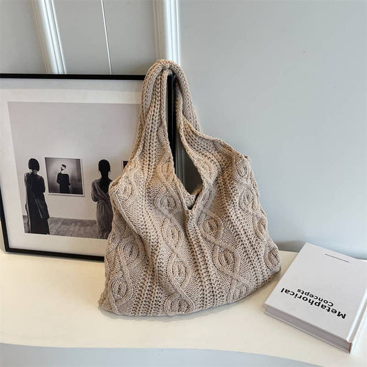 Crochet Tote Bag Hand-Woven Wool Bag: Taupe