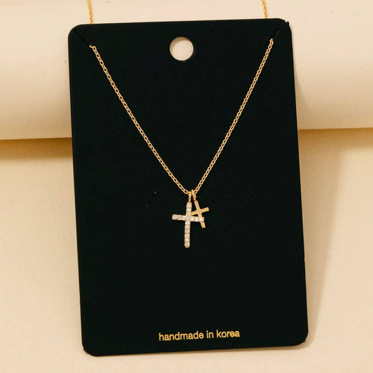 Cz Pave Double Cross Pendant Necklace: G