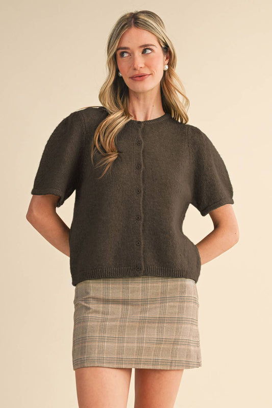 Short Puff Sleeve Sweater Cardigan: Brown