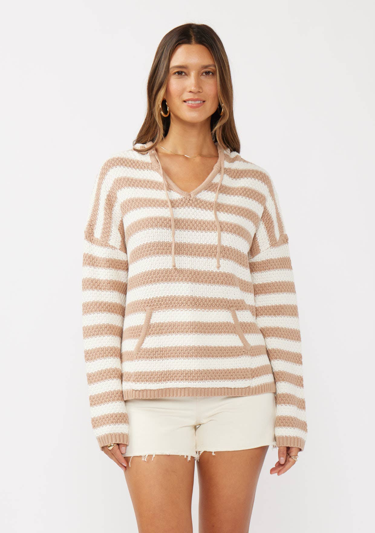 Stripe Drop Shoulder V Neck Pullover Hoodie: Natural/Taupe