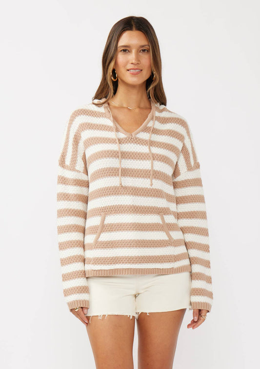 Stripe Drop Shoulder V Neck Pullover Hoodie: Natural/Taupe