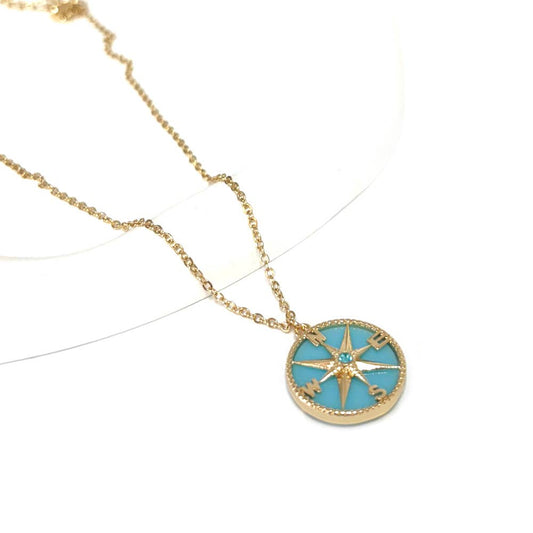 Compass Coin w/Stone Center Pendant SF Chain Necklace: Blue