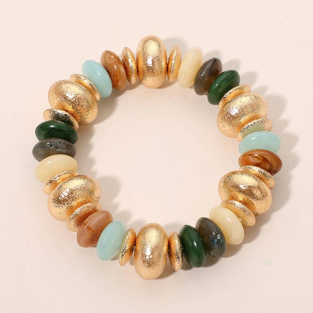 Chunky Mixed Disc Beaded Stretch Bracelet: Gold,Multi,Olive Green