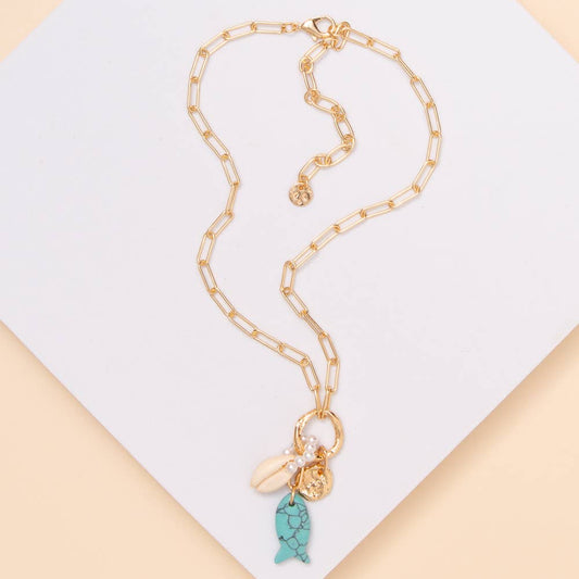 Fish Charm Pearl Seashell Necklace: Turquoise