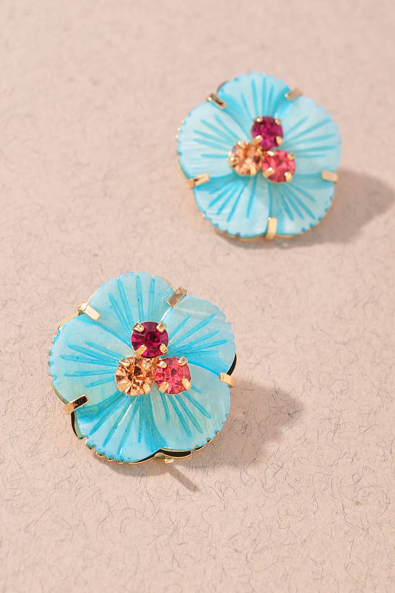 RESIN FLORAL STATEMENT STUD EARRINGS: Blue