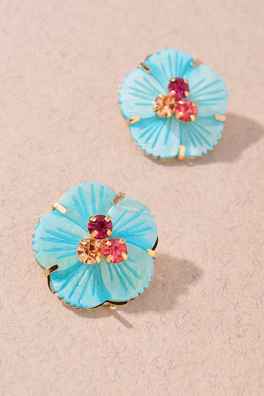 RESIN FLORAL STATEMENT STUD EARRINGS: Blue