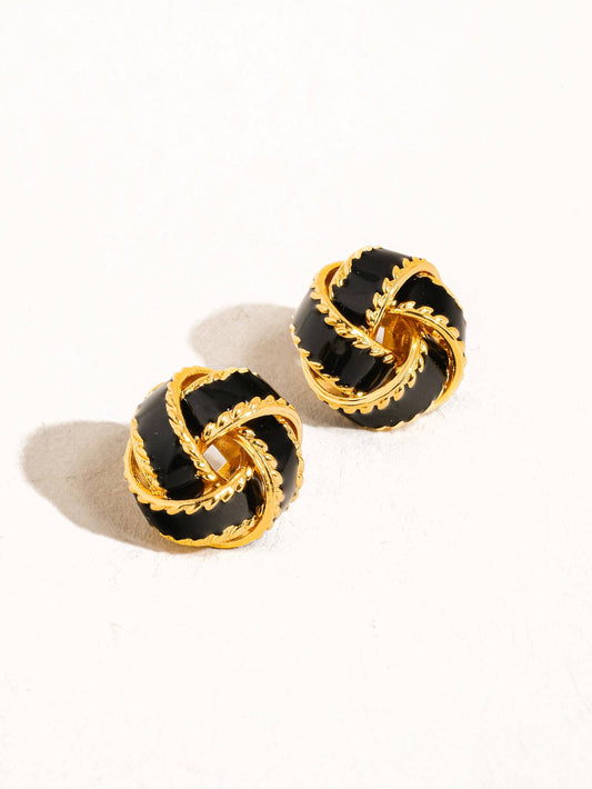 Astor 18K Gold Basket Weaved Ball Studs: Black