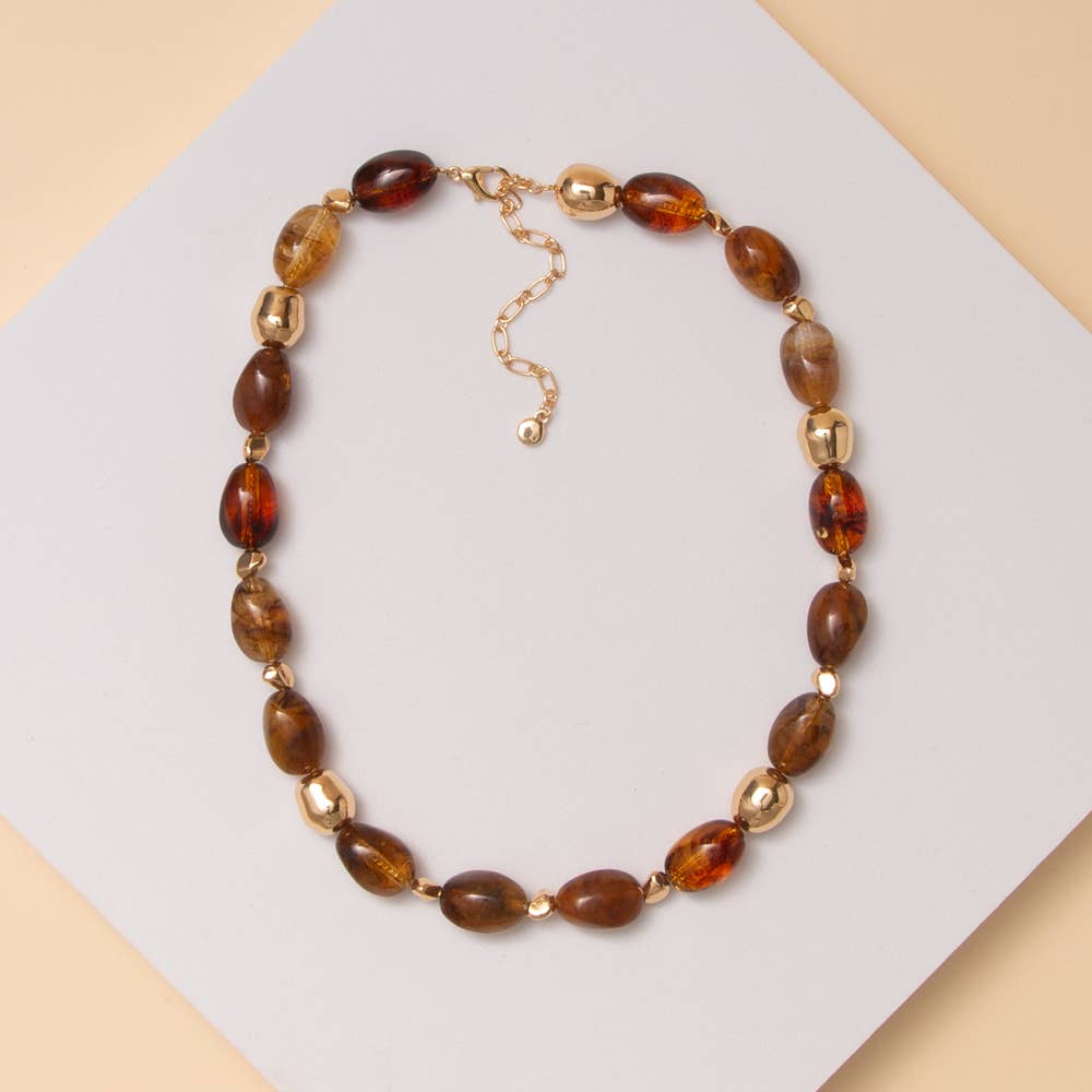 Marbled Finish Multicolor Oval Stone Bead Necklace: Brown