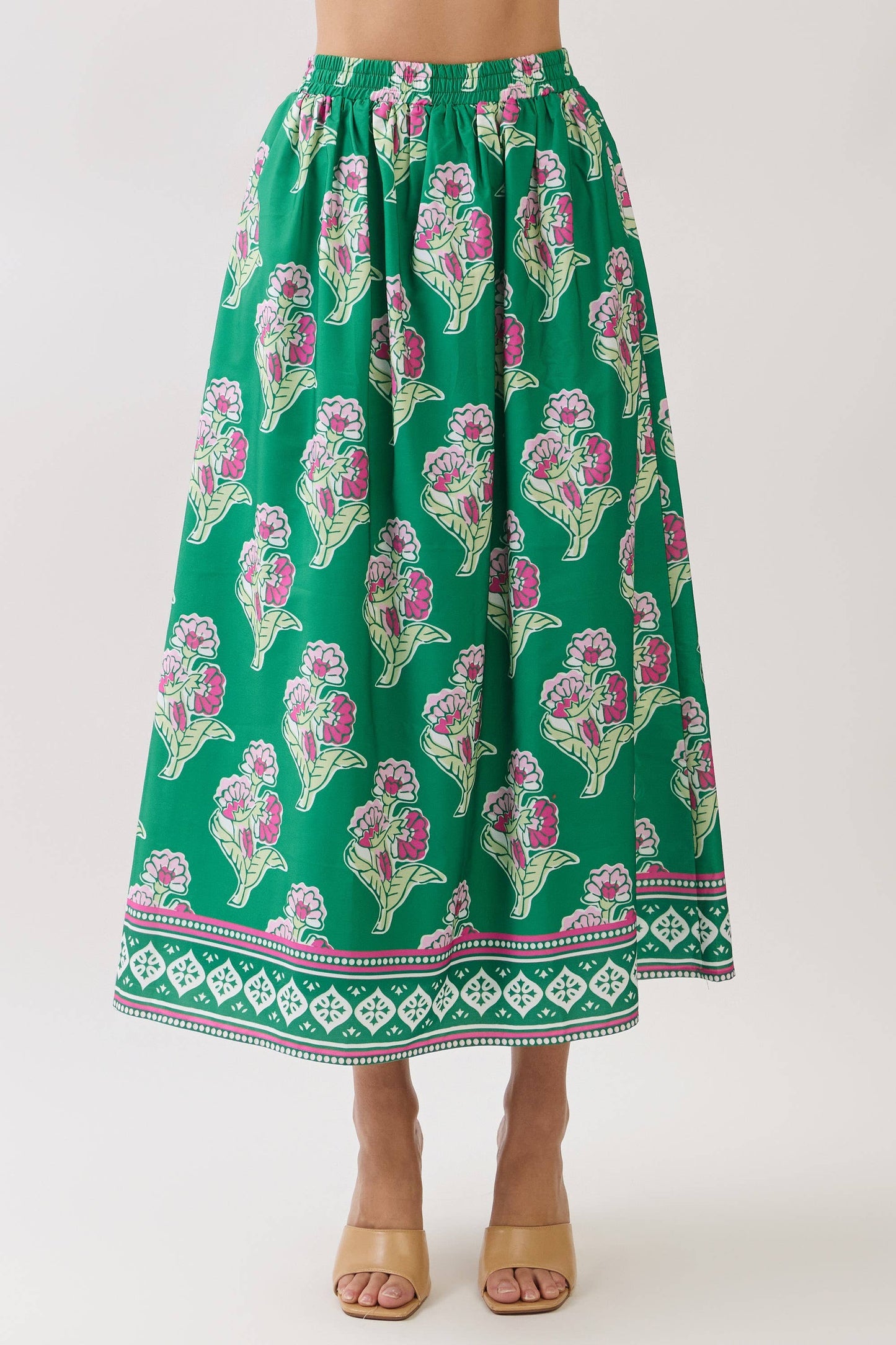 Floral Border Print Elastic Waistband Maxi Skirt