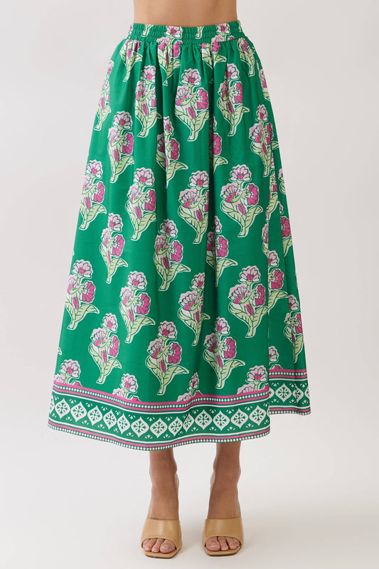 Floral Border Print Elastic Waistband Maxi Skirt