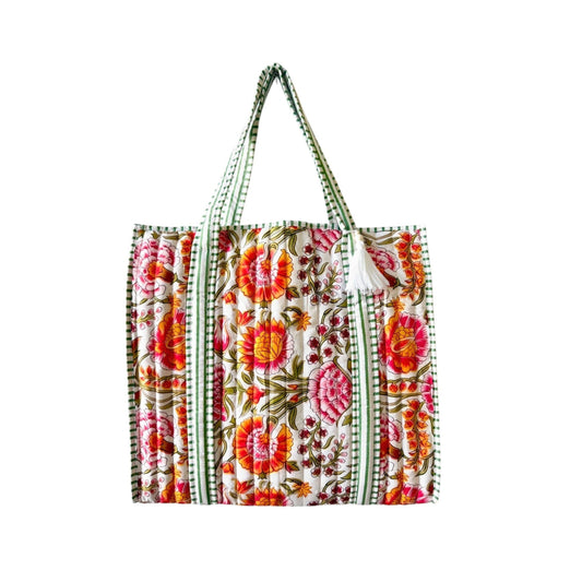 Big Quilted Rhea Orange Green Market Shopping Tote Bag