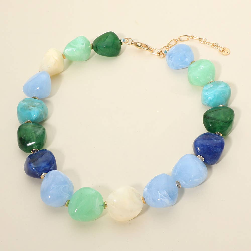 Chunky Marbled Resin Pebble Beaded Statement Necklace: Light Blue