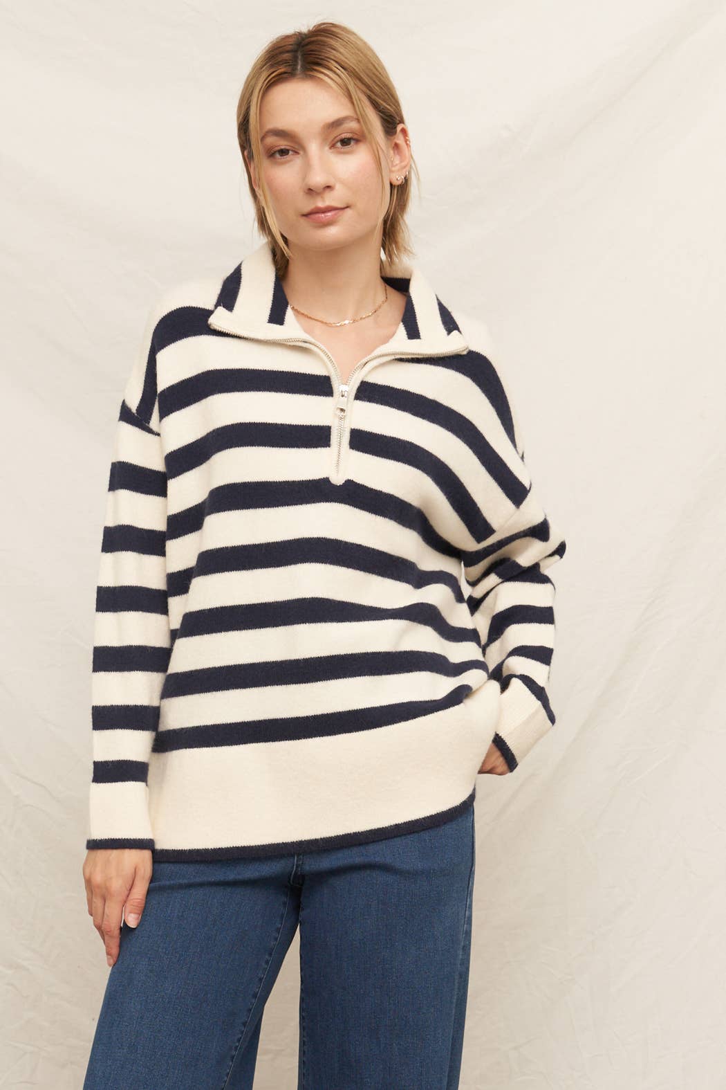 Striped Half-Zip Sweater: Beige Navy