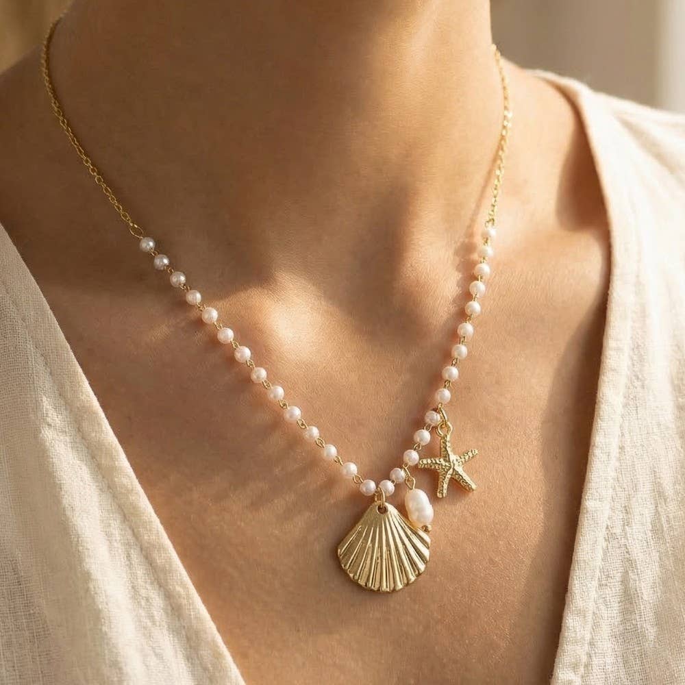 Starfish And Clam Shell Charms Pearl Beaded Necklace: G