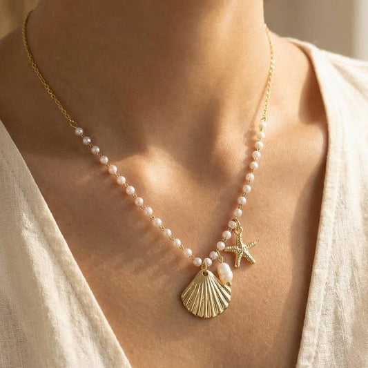Starfish And Clam Shell Charms Pearl Beaded Necklace: G