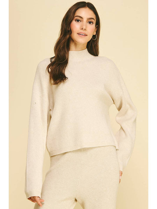 Ribbed Mock Neck Long Sleeve Sweater in Oatmeal