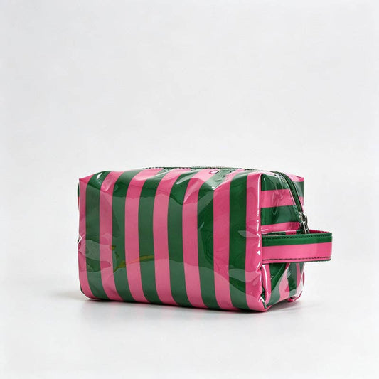 Striped Print PVC Zipper Pouch: Green Rose / F