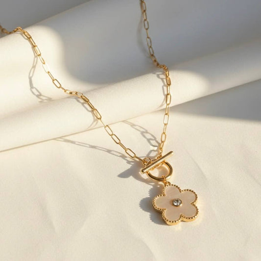 Flower Mother of Pearl Pendant with Toggle Chain Necklace: Gold