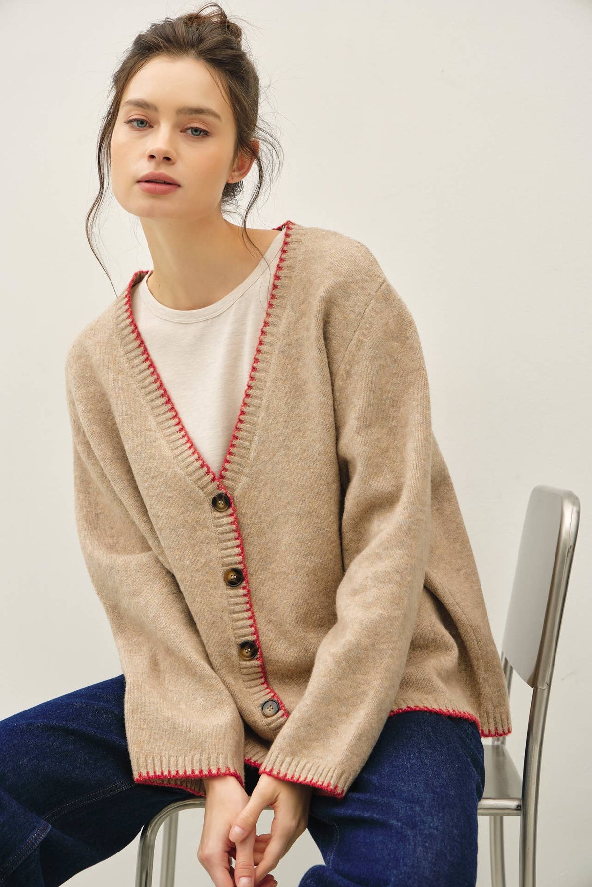 Wool Blended Merrow Stitch Boxy Cardigan: Ecru