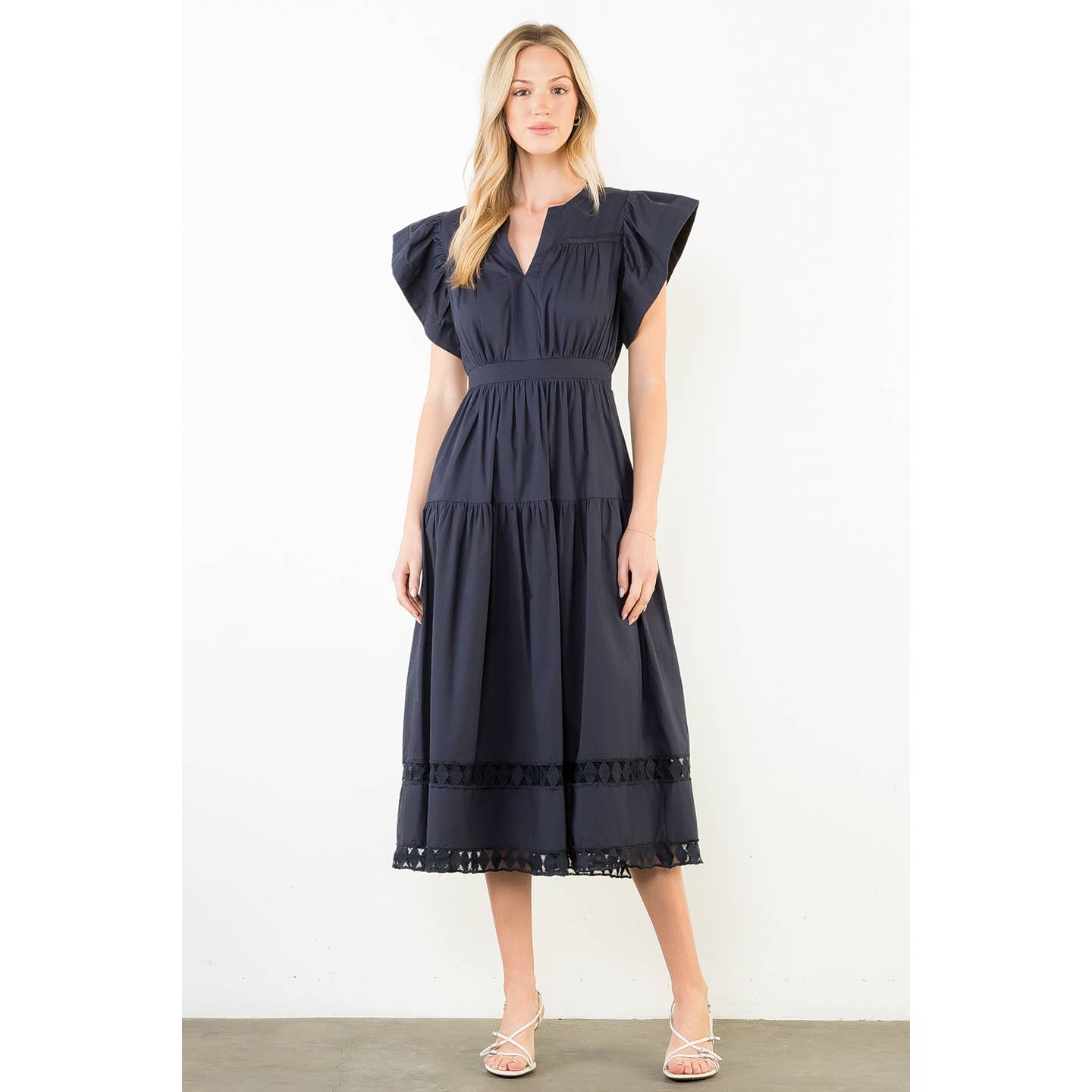 Ruffled Sleeves V-Neck Tiered MIDI Dress in Navy