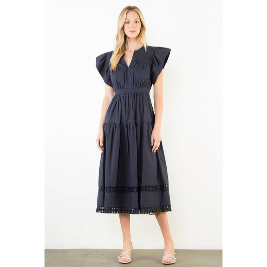 Ruffled Sleeves V-Neck Tiered MIDI Dress in Navy