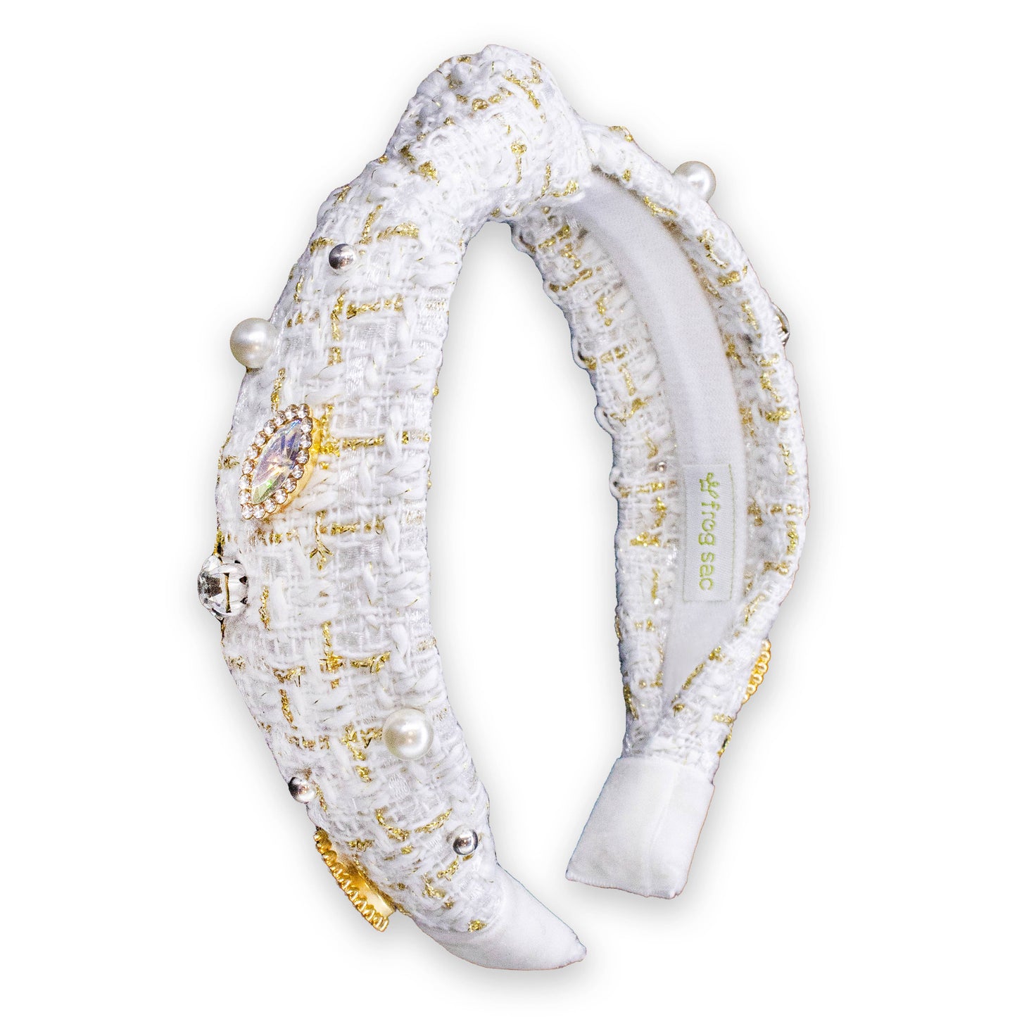 Embellished Knot Headband - Tweed Rhinestone Pearl: White