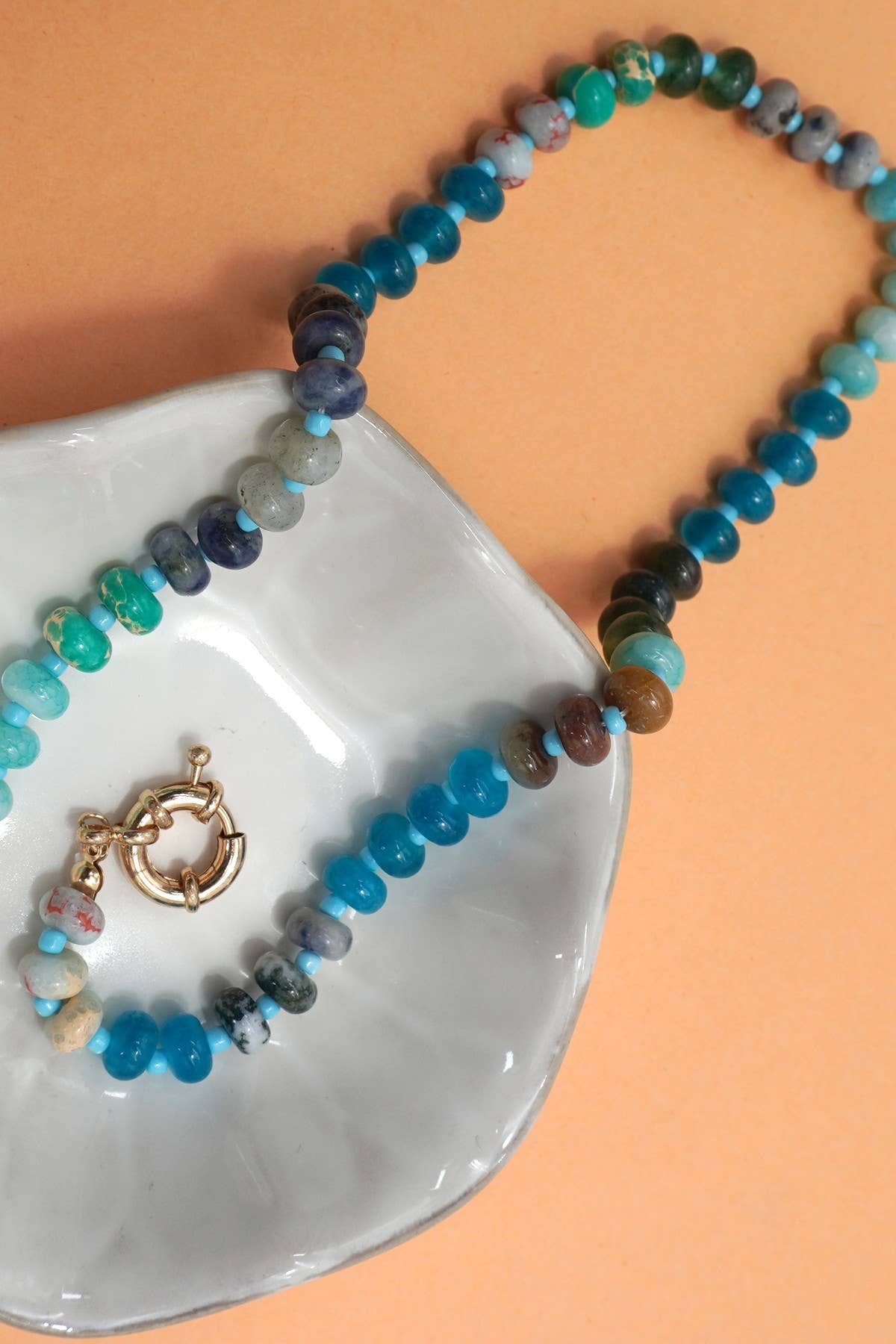 Natural Stone Charm  Spring Clasp Beaded Necklace | B