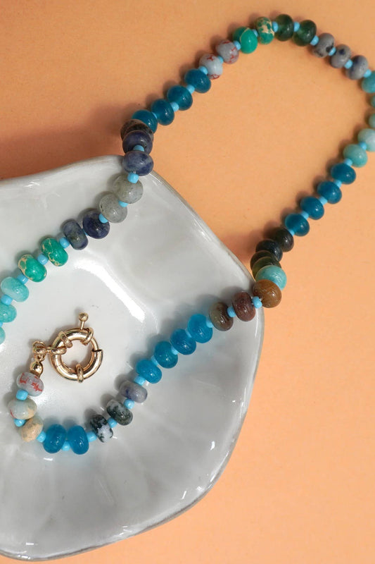 Natural Stone Charm  Spring Clasp Beaded Necklace | B