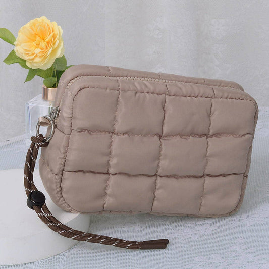 Nylon Quilted Puffer Clutch/Pouch: Taupe