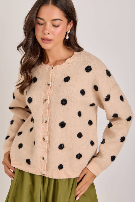 Soft Touch Polka Dot Button Down SweaterCardigan: Oatmeal/Black