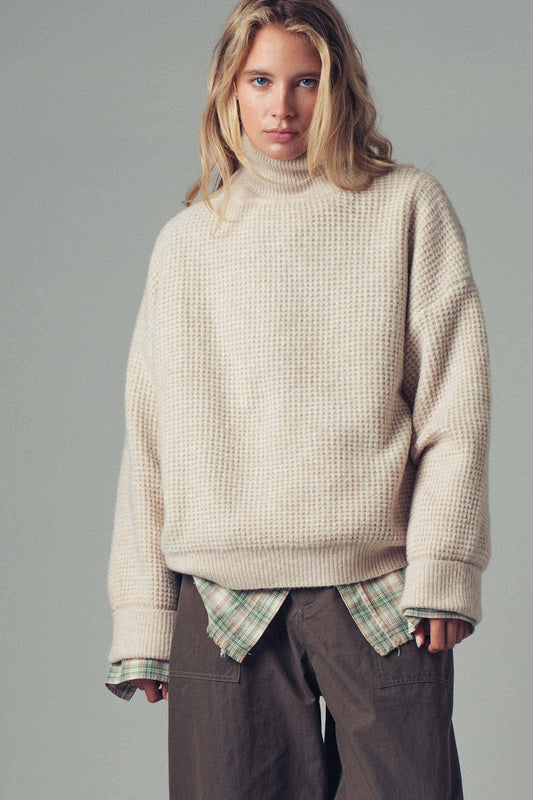 Relaxed Waffle Knit High Neck Sweater: Oatmeal